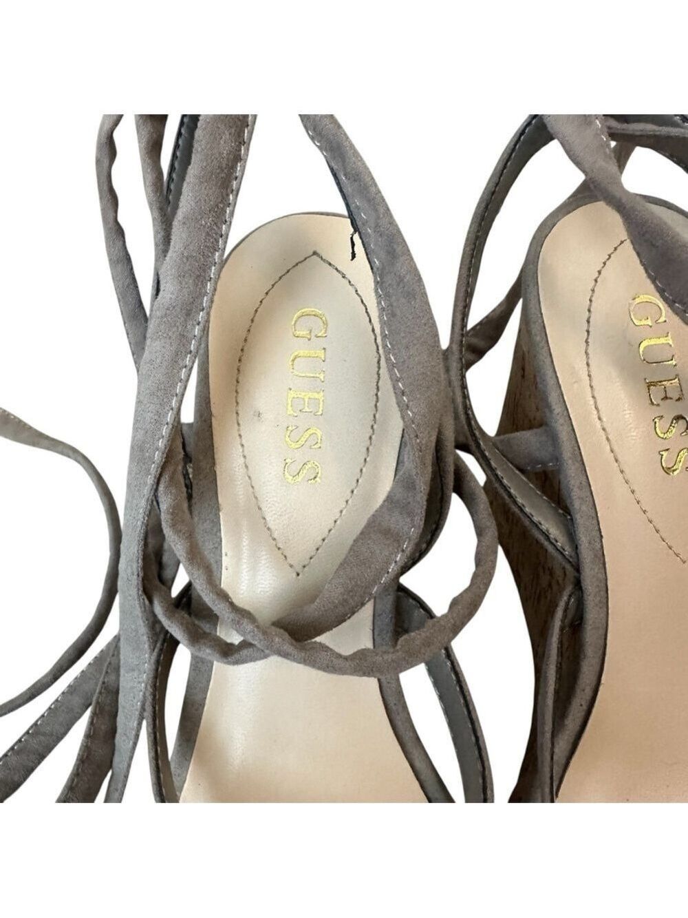 GUESS Treacy Gray Lace-Up Faux Suede Wedge Sandals Women’s Size 6.5 –4 Inch Heel - Picture 3 of 7